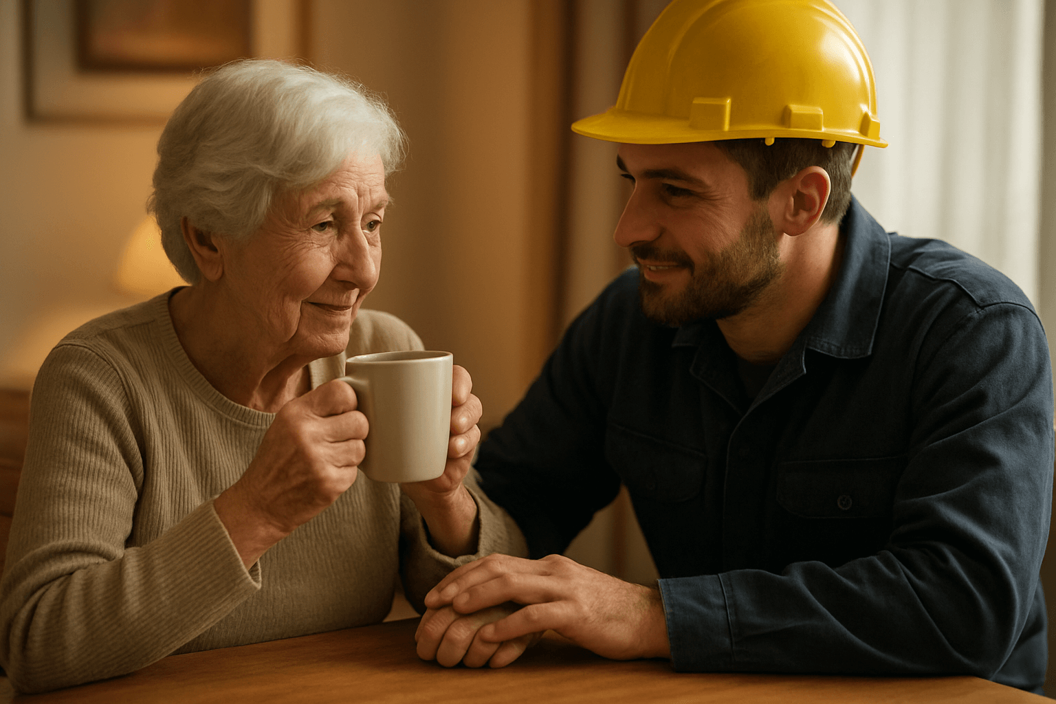 Oudere dame en klusmaatje samen aan tafel met koffie